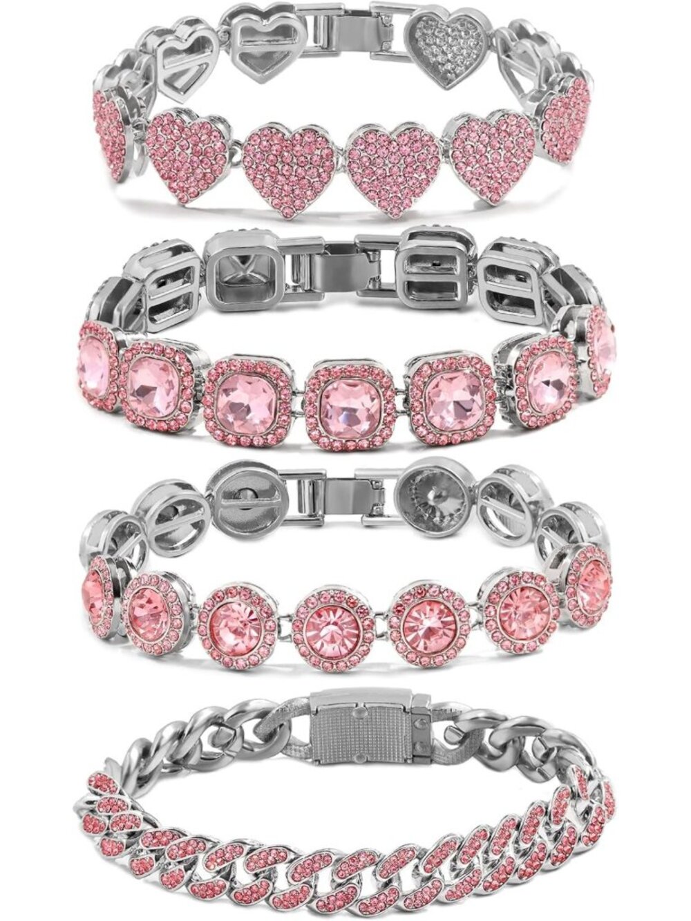 4PCS Gold & Silver Bracelet Set for Women - Tennis, Heart, Diamond & Cuban